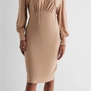 Express Nude Beige Midi Dress with Long Sleeves